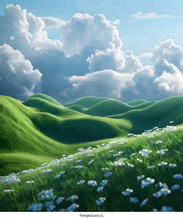 Green rolling hills under a blue sky