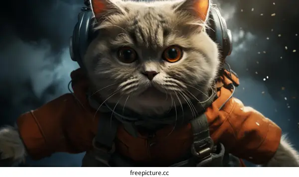 A cat wearing an astronaut suit and headphones is floating in space