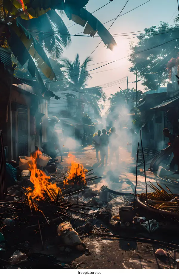 Smoke and Fire in a Narrow Street of a Southeast Asian City