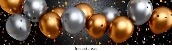 Celebration Balloons with Confetti on a Dark Background
