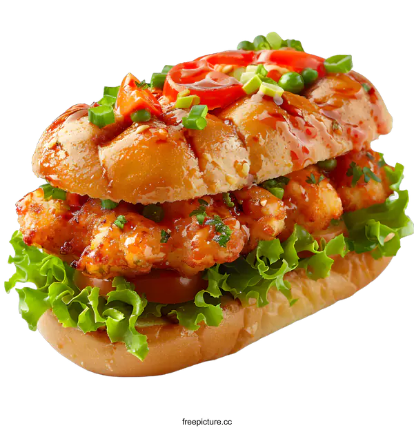 [Transparent Background PNG]Close Up of a Delicious Chicken Sandwich with Lettuce, Tomato, and Sauce