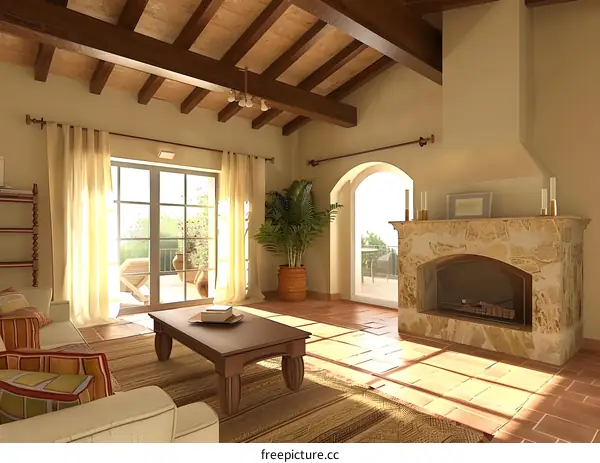 Rustic Living Room with Fireplace and Patio Doors