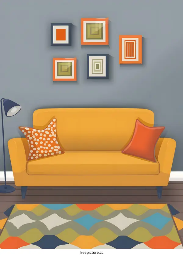 Modern Living Room Interior with Yellow Sofa and Colorful Rug
