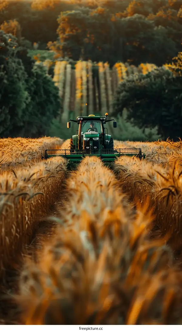 Green tractor harvesting golden wheat field