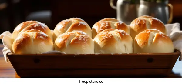 Freshly baked bread rolls in a wooden basket