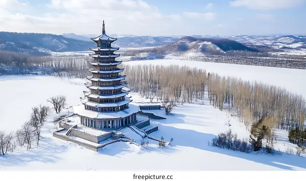 Winter Snowscape of Ancient Pagoda in Frozen Lake