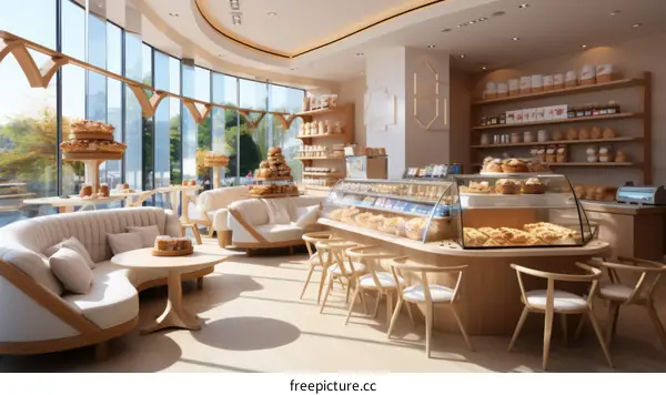 Modern Bakery Interior with Wood, Glass, and Lighting