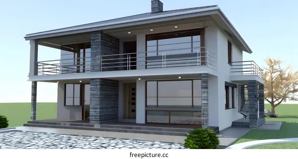 Modern Two Story House with Balcony and Stone Accent Wall