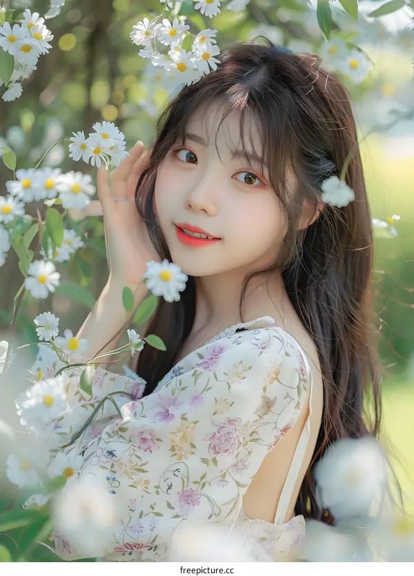 Young Woman in Floral Dress Posing in Field of White Flowers