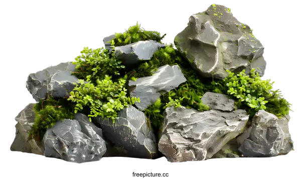 [Transparent Background PNG]Green Moss and Rocks Isolated On White Background