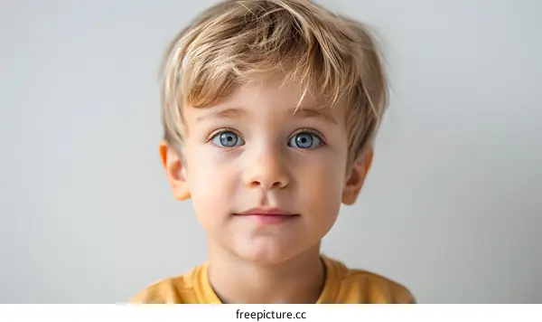 Portrait of a cute caucasian toddler boy with blond hair and blue eyes