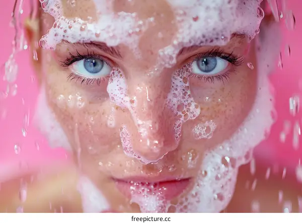 Close-up portrait of a young woman with blue eyes and freckles, covered in soap suds