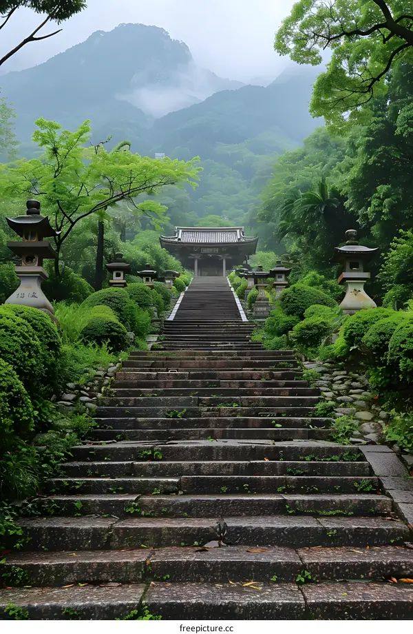 Stone Steps Leading to Temple in Mountainous Landscape