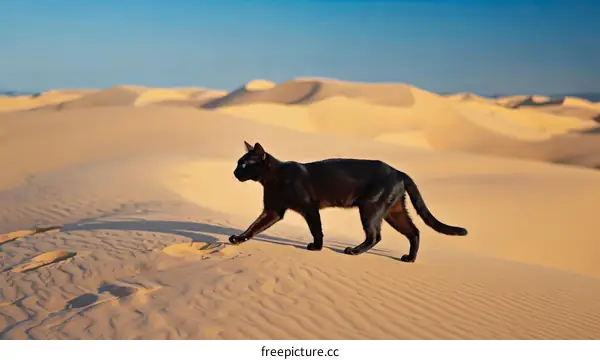 Black Cat Exploring the Golden Desert Dunes