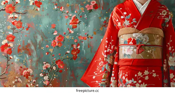 A woman wearing a red kimono with floral patterns stands in front of a blue background with pink and white flowers.