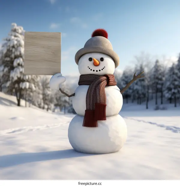 A happy snowman holding a blank wooden sign in a snowy forest