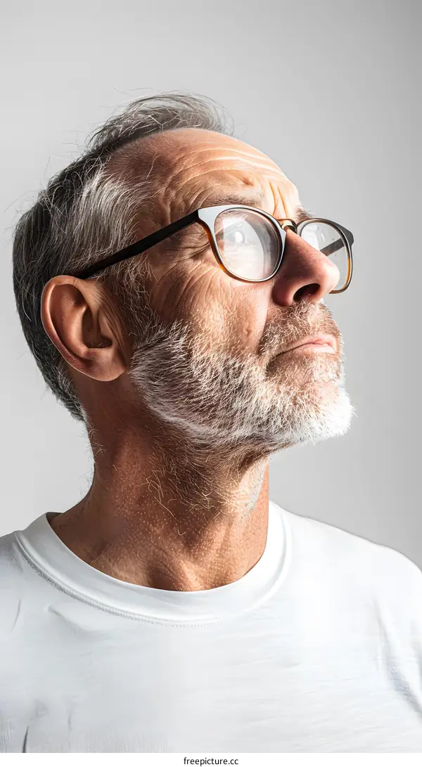 A portrait of an older man with glasses looking up