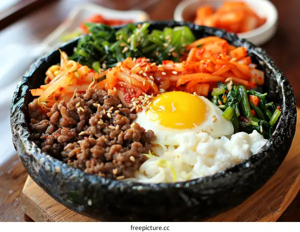 Savory Korean Bibimbap with Rice, Vegetables and Beef