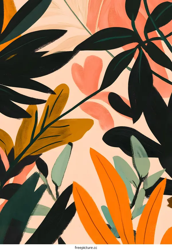 Abstract Floral Illustration With Peach Pink Green And Orange Leaves