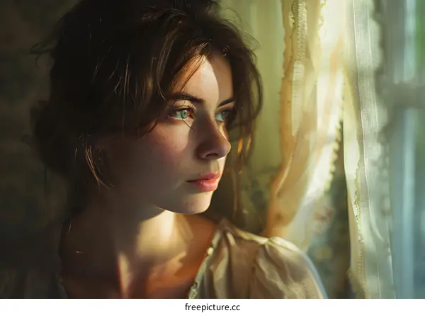Young woman with freckles looking out the window