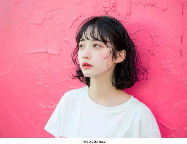 Asian Woman with Pink Wall Background
