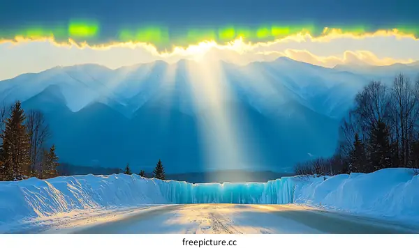 Winter Landscape with Snowy Mountains and Sunbeams