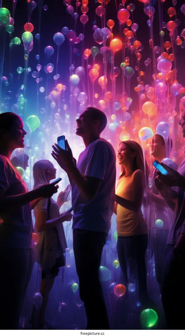 Joyful Group with Bubbles and Colorful Lights