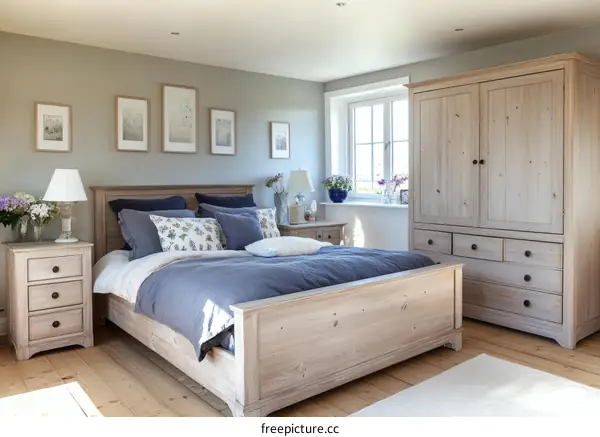 Light Wooden Bedroom Furniture Set with Gray Walls