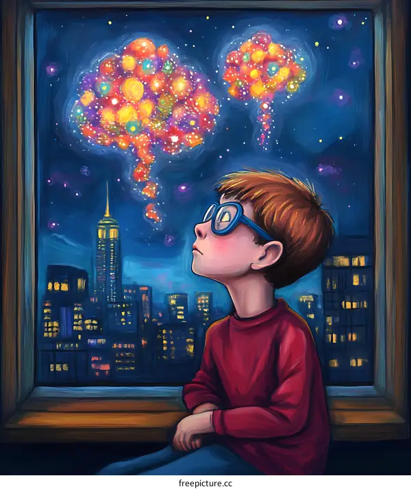 Little Boy Looking at Fireworks from Window
