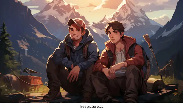 Two Friends Camping on a Rocky Outcropping with a Mountain Range Backdrop