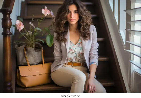 Elegant woman in a pantsuit sitting on the stairs