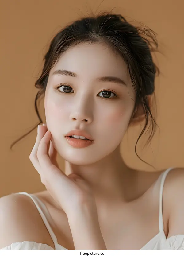 Portrait of a Young Woman with Long Black Hair in a White Dress