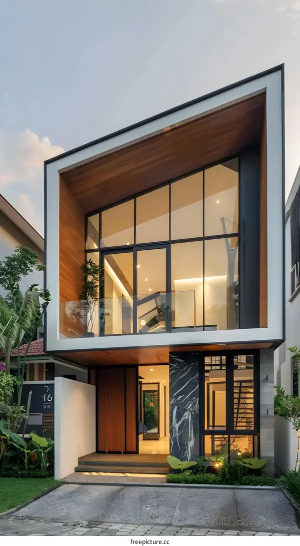 Modern Minimalist House Design with Large Windows and Wooden Accents