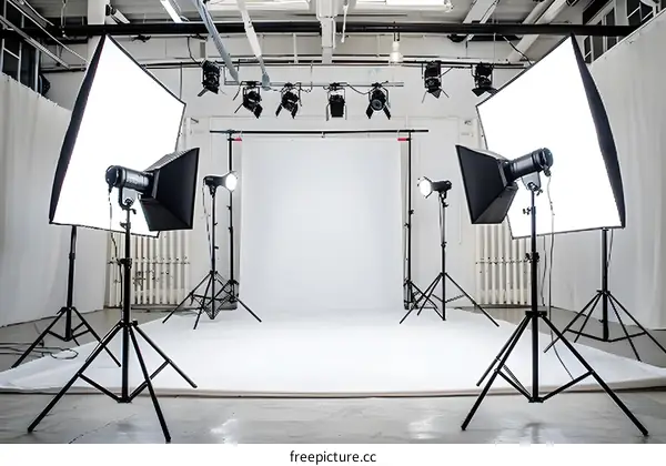 Professional Studio Photography Setup with White Backdrop and Lighting Equipment