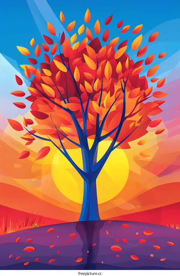 Abstract Fall Landscape with Colorful Tree