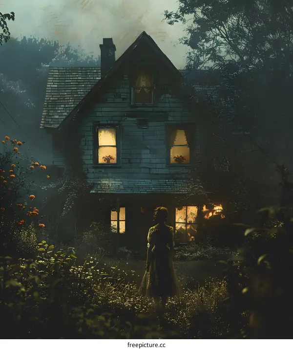 A woman standing in front of a haunted house