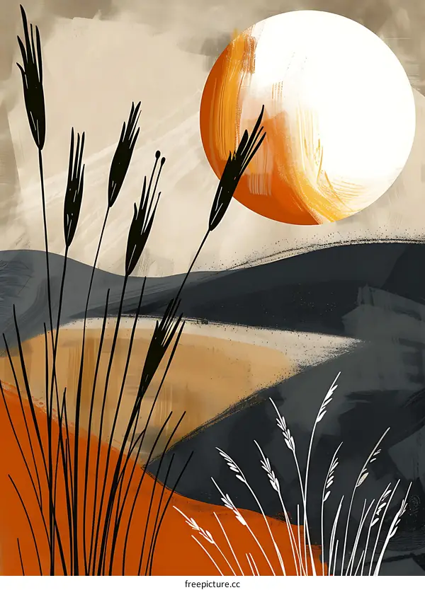 Abstract Art Print With Minimalist Grass And Sun