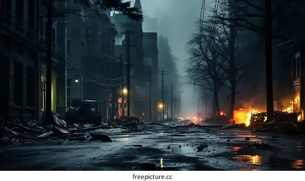 A dark and gloomy street with debris and a car wreck