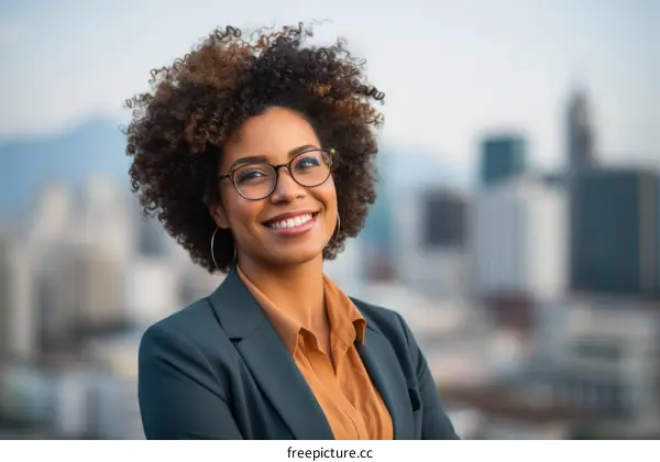 portrait of a young businesswoman smiling with an urban background