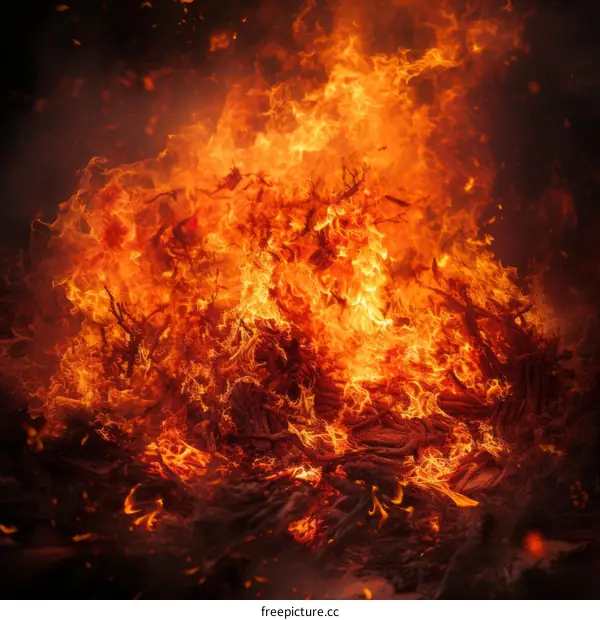 A large bonfire burns brightly at night