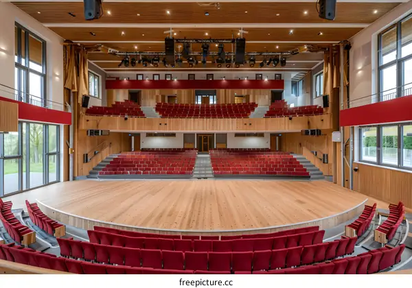 Empty Auditorium with Red Seats and Wooden Floor