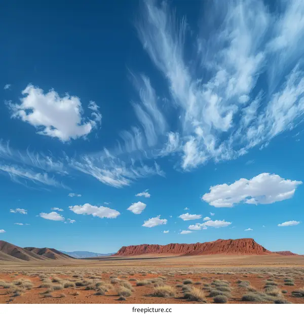 Arid Desert Landscape with Azure Sky and Scattered White Clouds