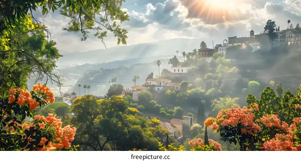 Sunbeams Shining Over Lush Greenery In The Hills