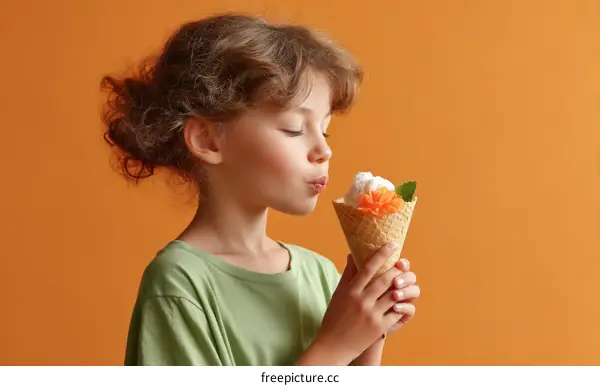 Cute Girl Enjoying Ice Cream Dessert