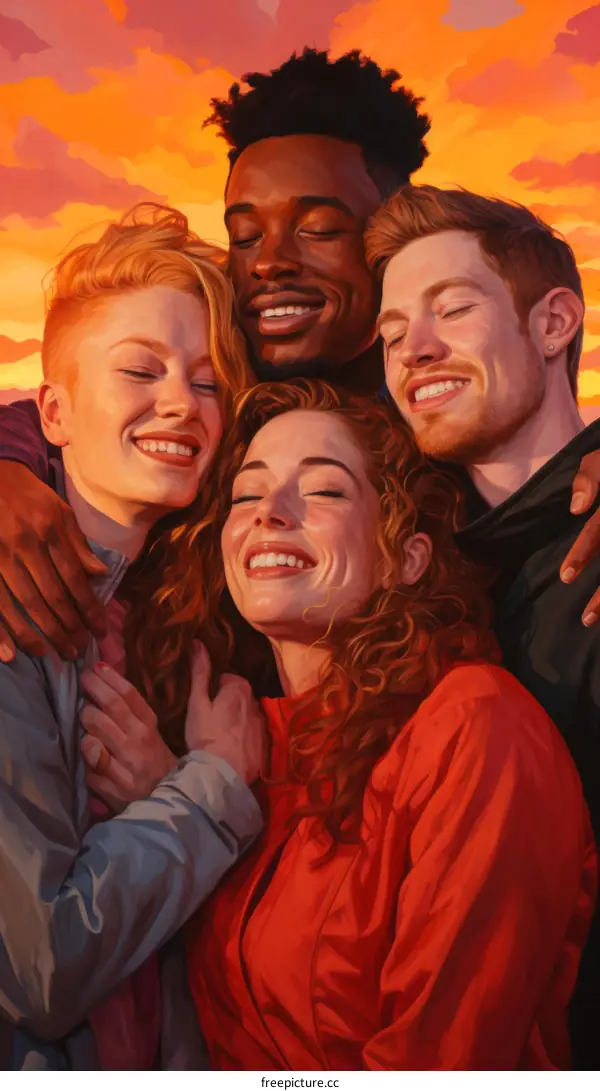 Four Friends Embrace with Smiles on Their Faces