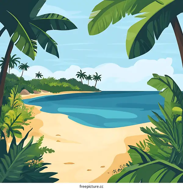 Tropical Beach Illustration With Palm Trees