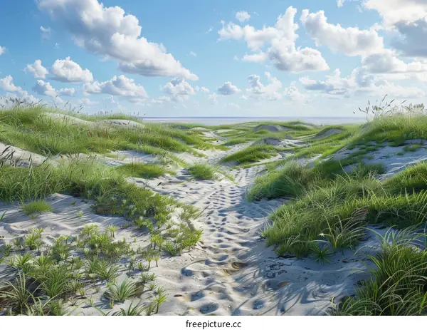 Coastal Sand Dunes with Grassy Trails Underneath a Vast Expanse of Sky