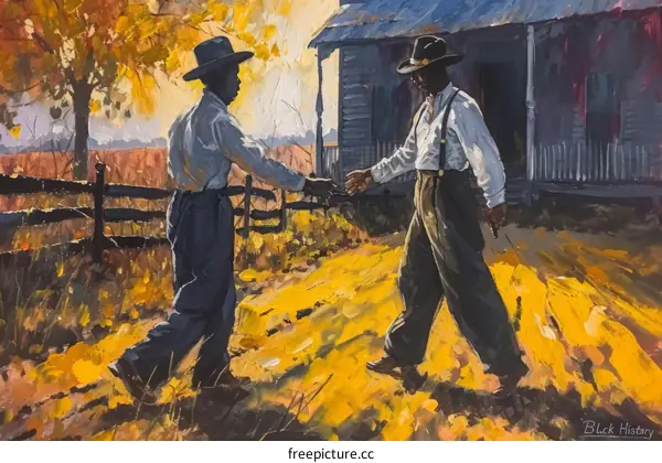 Two African American men shaking hands in front of a house