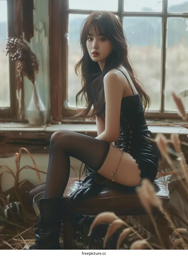 A woman in a black dress is sitting on a chair in front of a window.