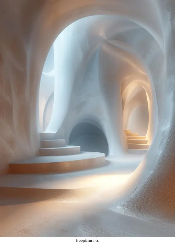 Futuristic Empty Room with Podiums and Arches